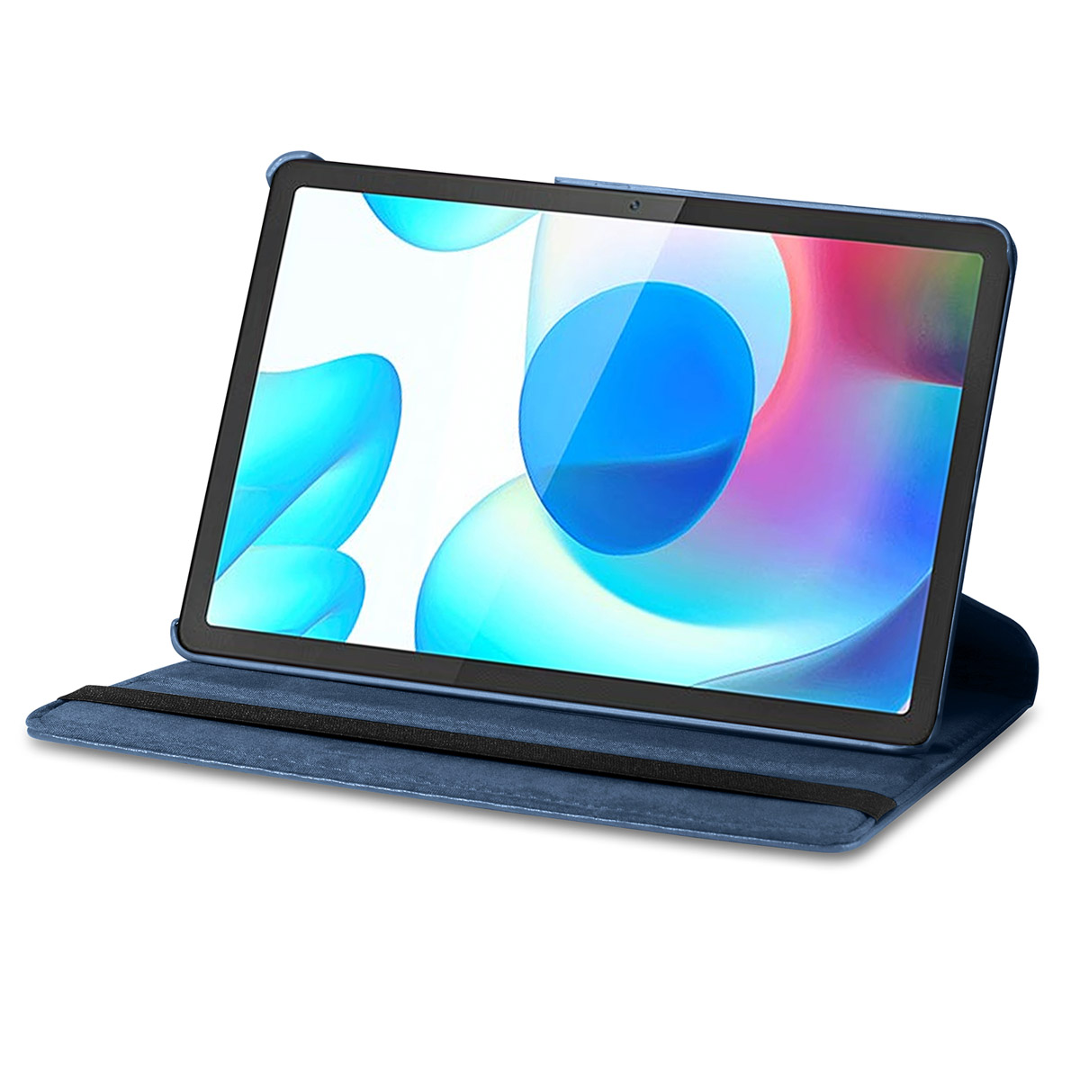 Tablet in a blue case, the screen shows a blue and purple gradient. The case is a stand.