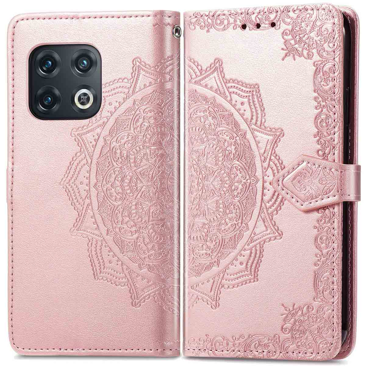 Roze telefoonhoesje met mandala ontwerp. Opengeklapt, met telefoon en kaartsleuven. Roze achtergrond.