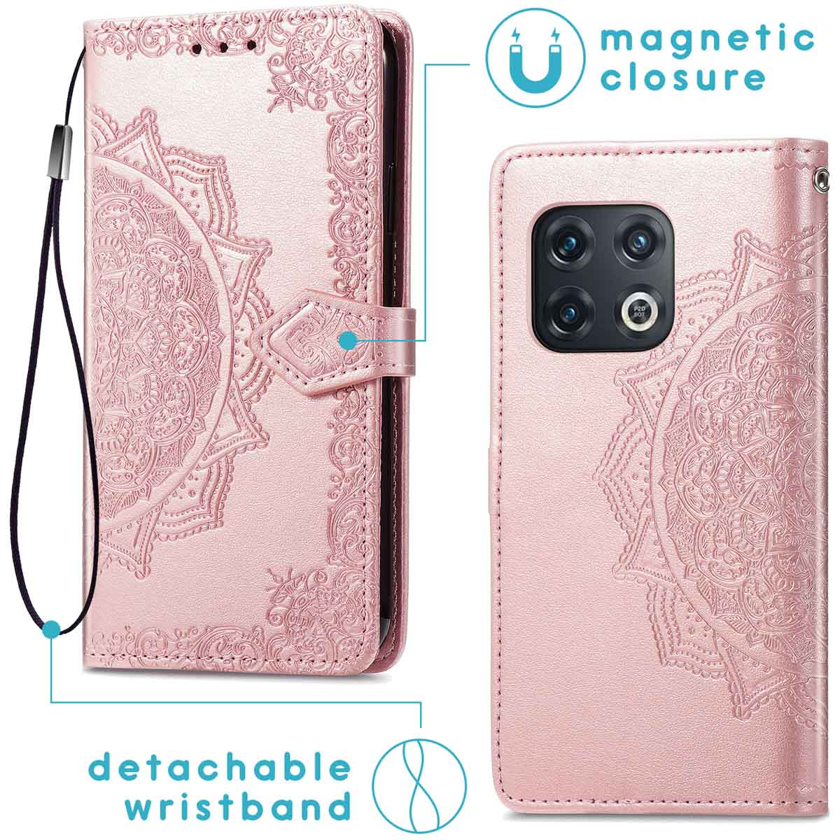 Roze telefoonhoes met mandala-ontwerp. Met magnetische sluiting en afneembare polsband. Telefoon met drievoudige camera.