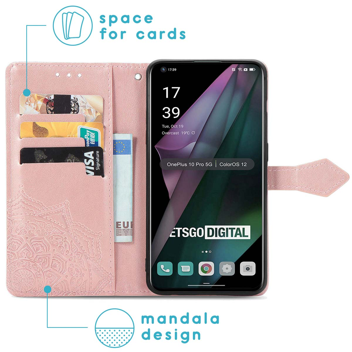 Roze telefoonhoes open met kaarten en een telefoon. De telefoon toont een groene en paarse abstracte afbeelding.