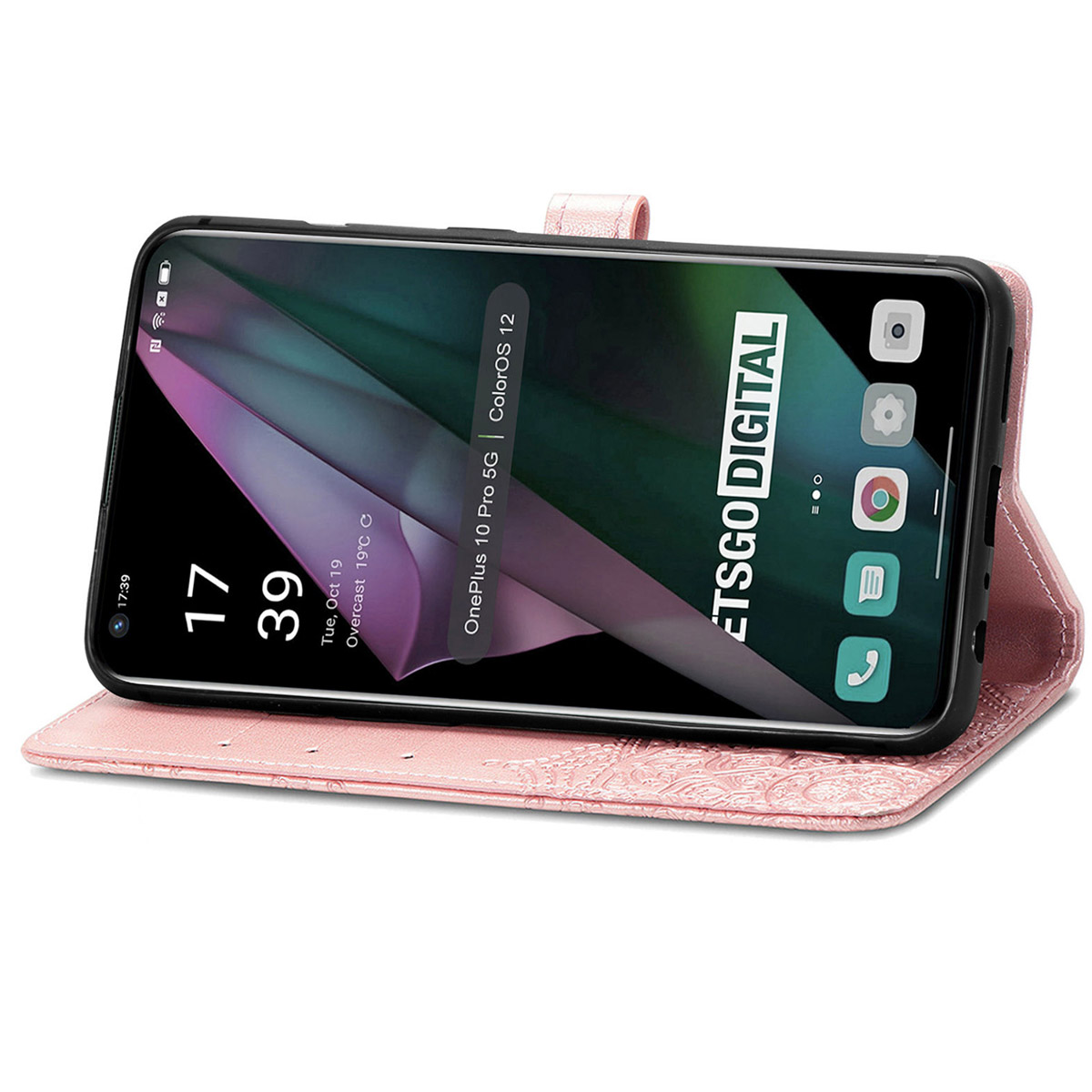 Roze telefoonhoes met een telefoon die apps en tijd weergeeft.