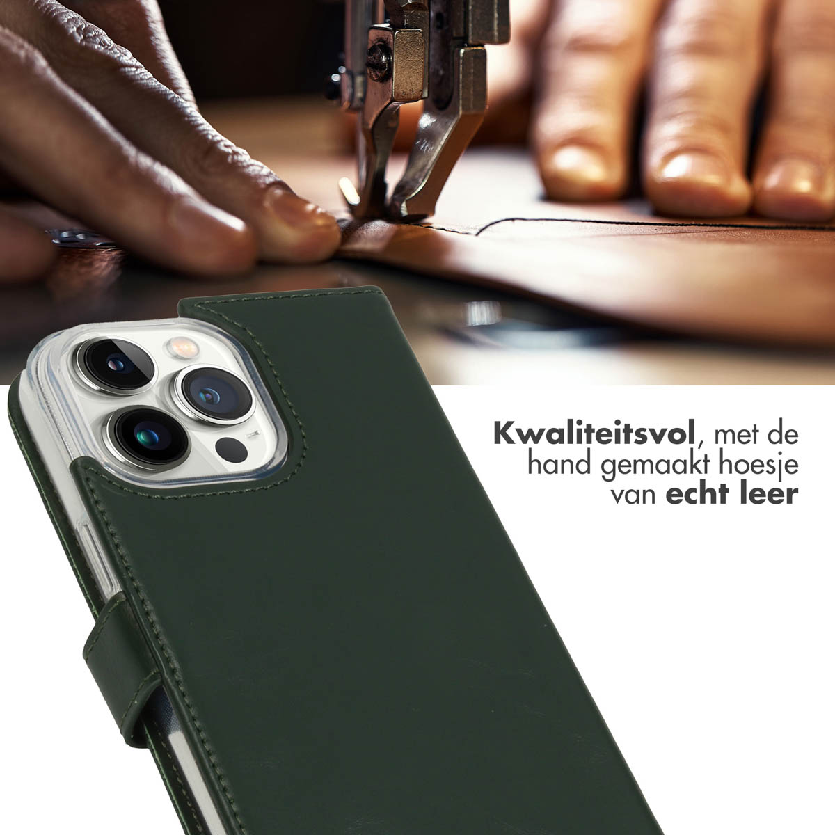 Mani che usano una macchina da cucire per fare una custodia per telefono in pelle verde scuro. Testo: 'Kwaliteitsvol, handgemaakt'.