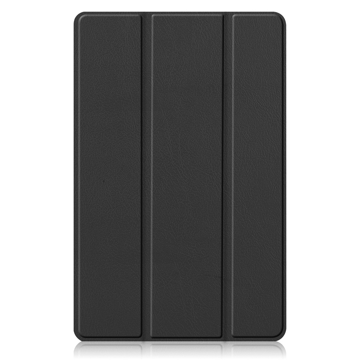 Black tablet case closed, with three vertical lines. The case has a matte finish and is on a white surface.