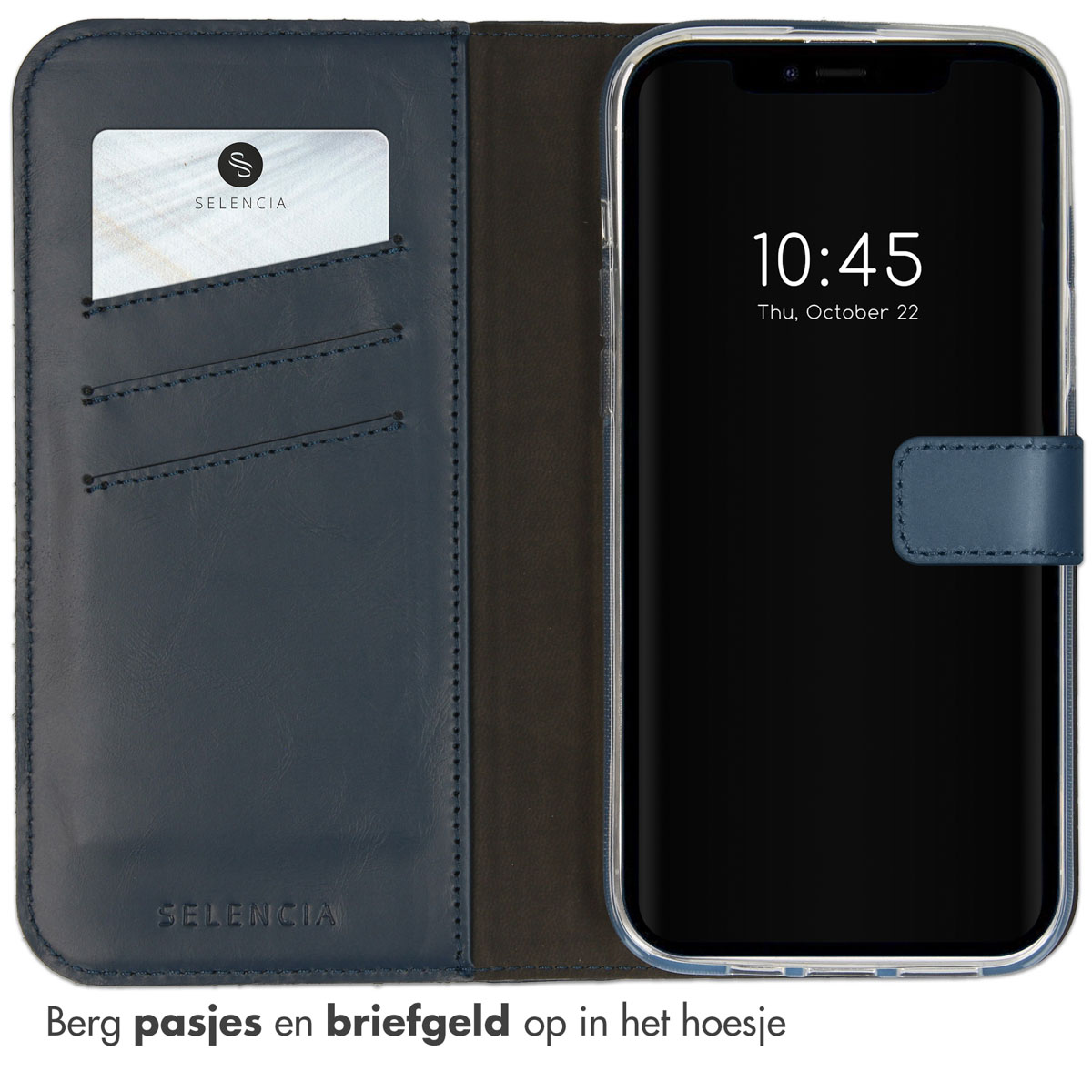 Blauwe leren telefoonhoes open, toont een telefoon met de tijd en kaartsleuven.