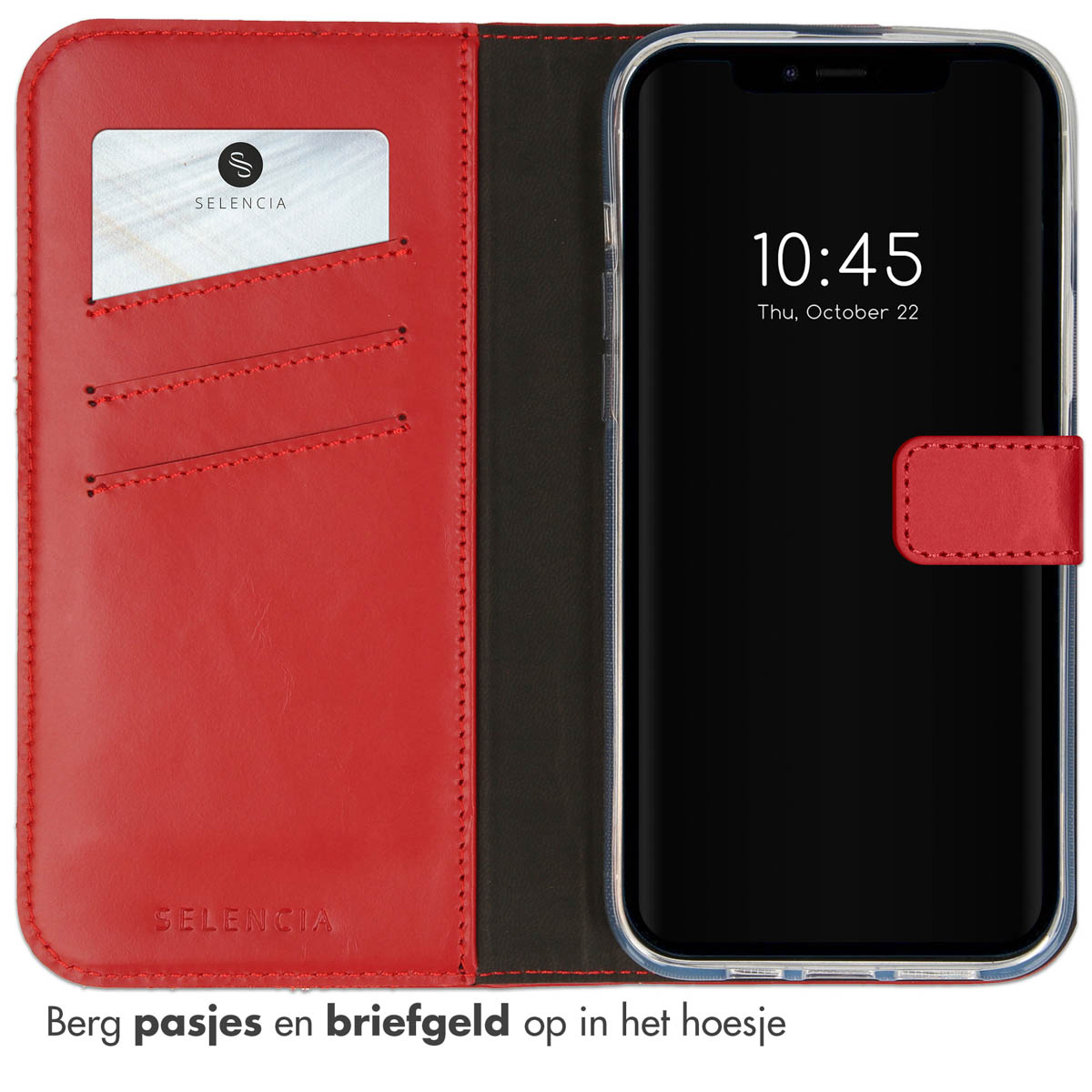 Rode leren telefoonhoes, open. Telefoon binnenin. Kaartsleuf. Tijd is 10:45. Rode achtergrond.