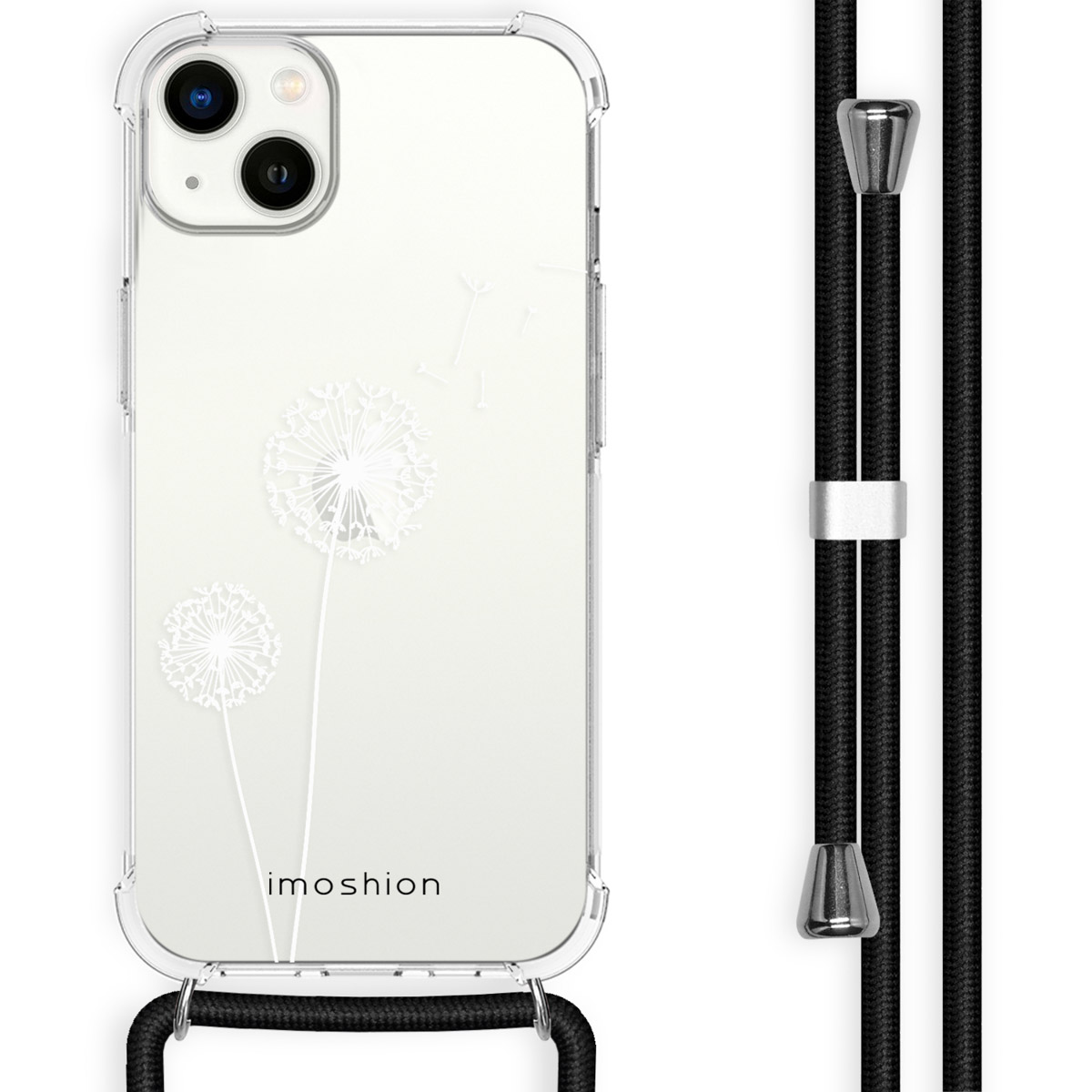 Clear phone case with a dandelion design and a black lanyard with silver accents.