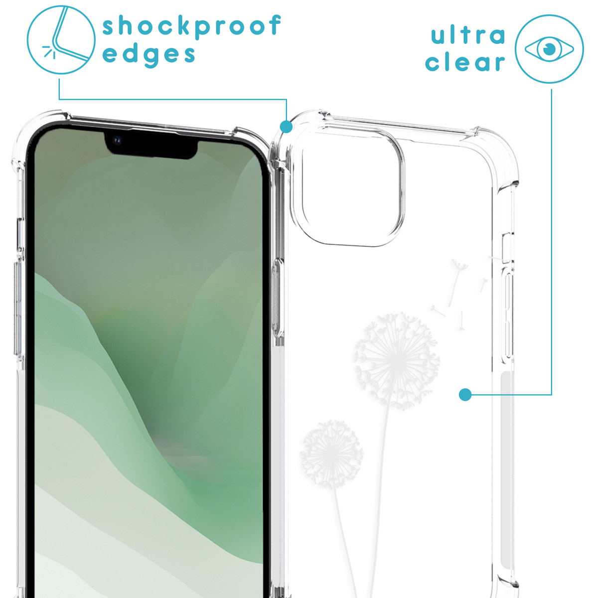 Clear phone case with dandelion design. The phone case is transparent and shows the phone. 