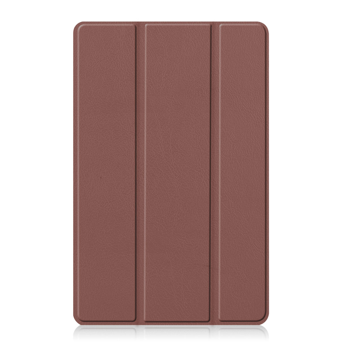 A brown tablet case is shown. The case is closed and has three vertical panels.