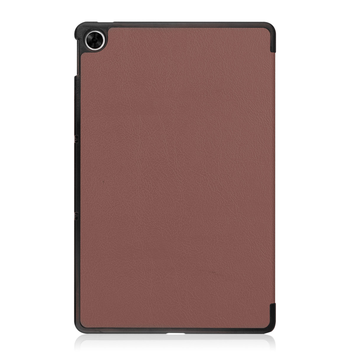 Tablet case in brown. The case is closed and has a black frame.