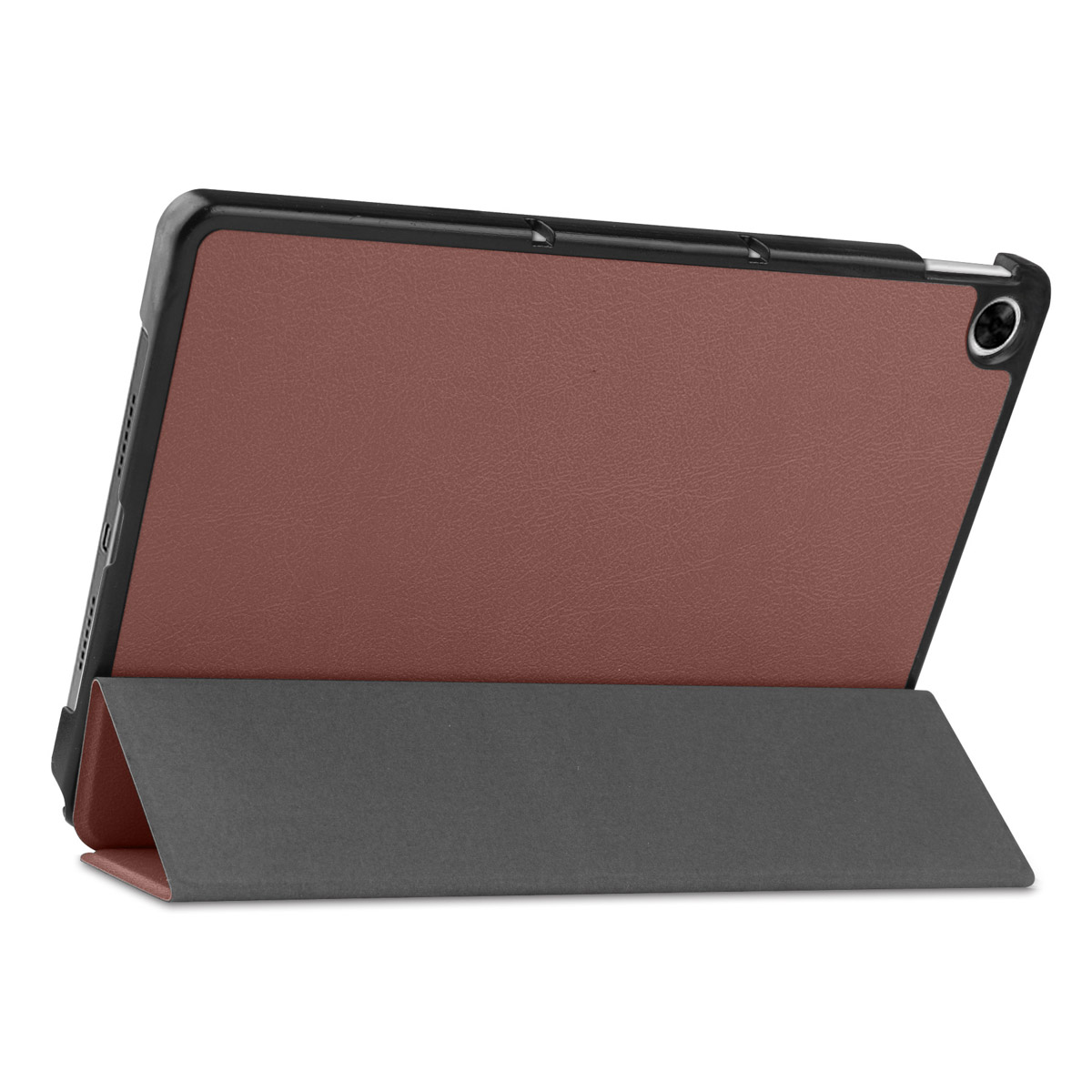 Tablet case, brown exterior and black frame, propped up on the black stand.