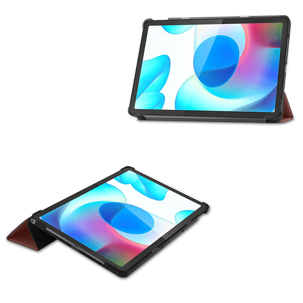 Tablet in a case, two views, angled and straight-on, on white background.