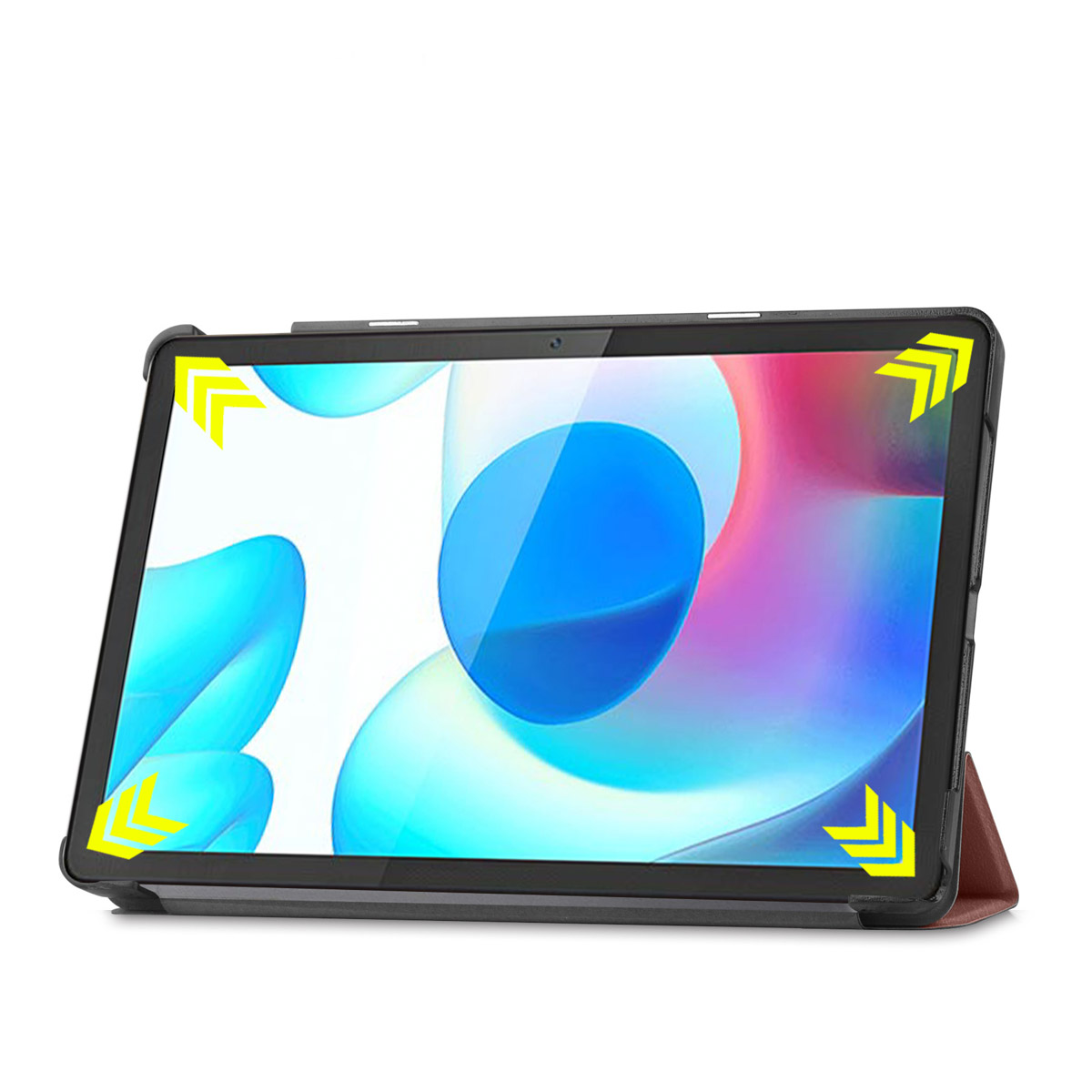 Tablet in a case. The case has arrows showing the corners of the screen are protected.