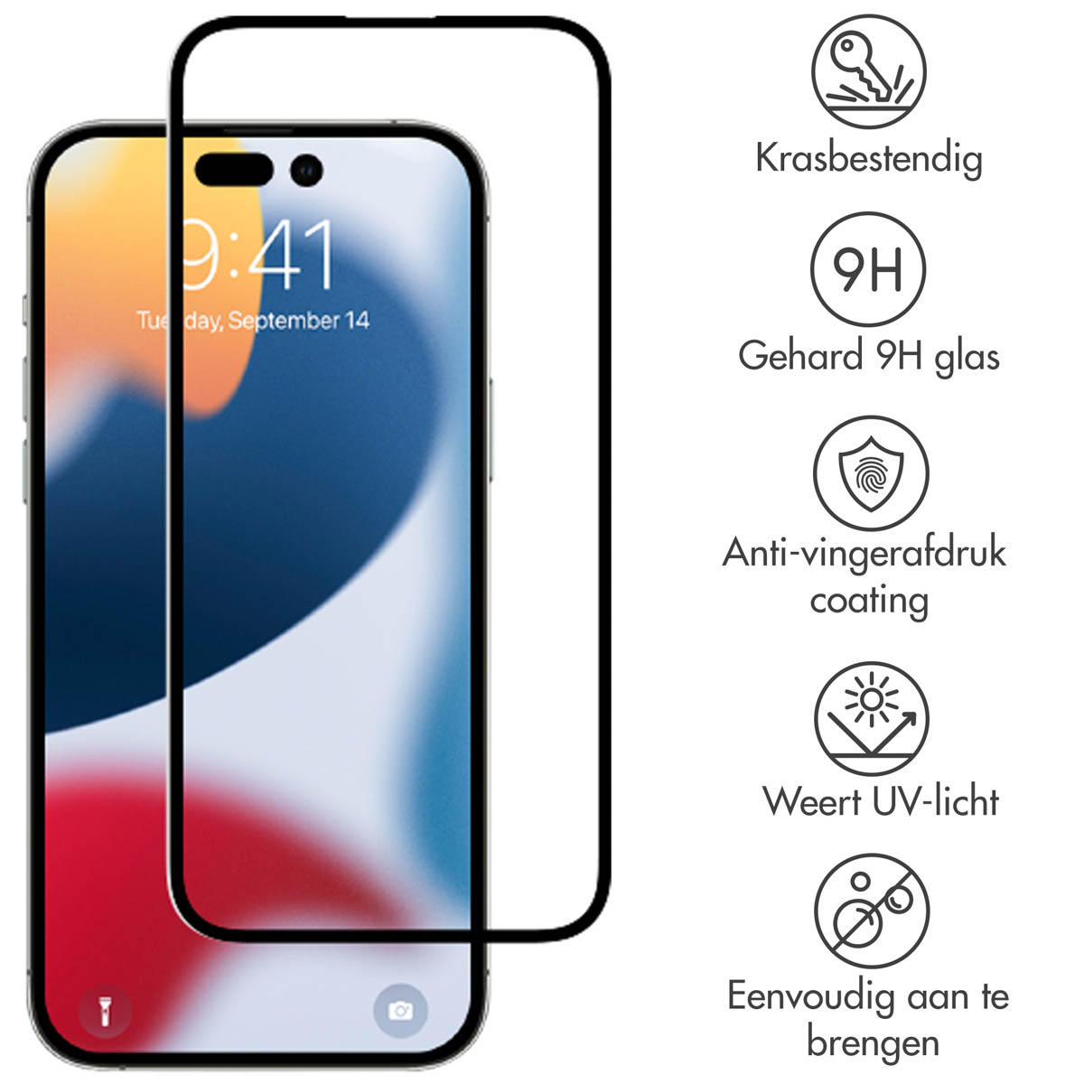 Telefoonschermbeschermer, met zijn functies: krasbestendig, 9H glas en anti-vingerafdrukcoating.