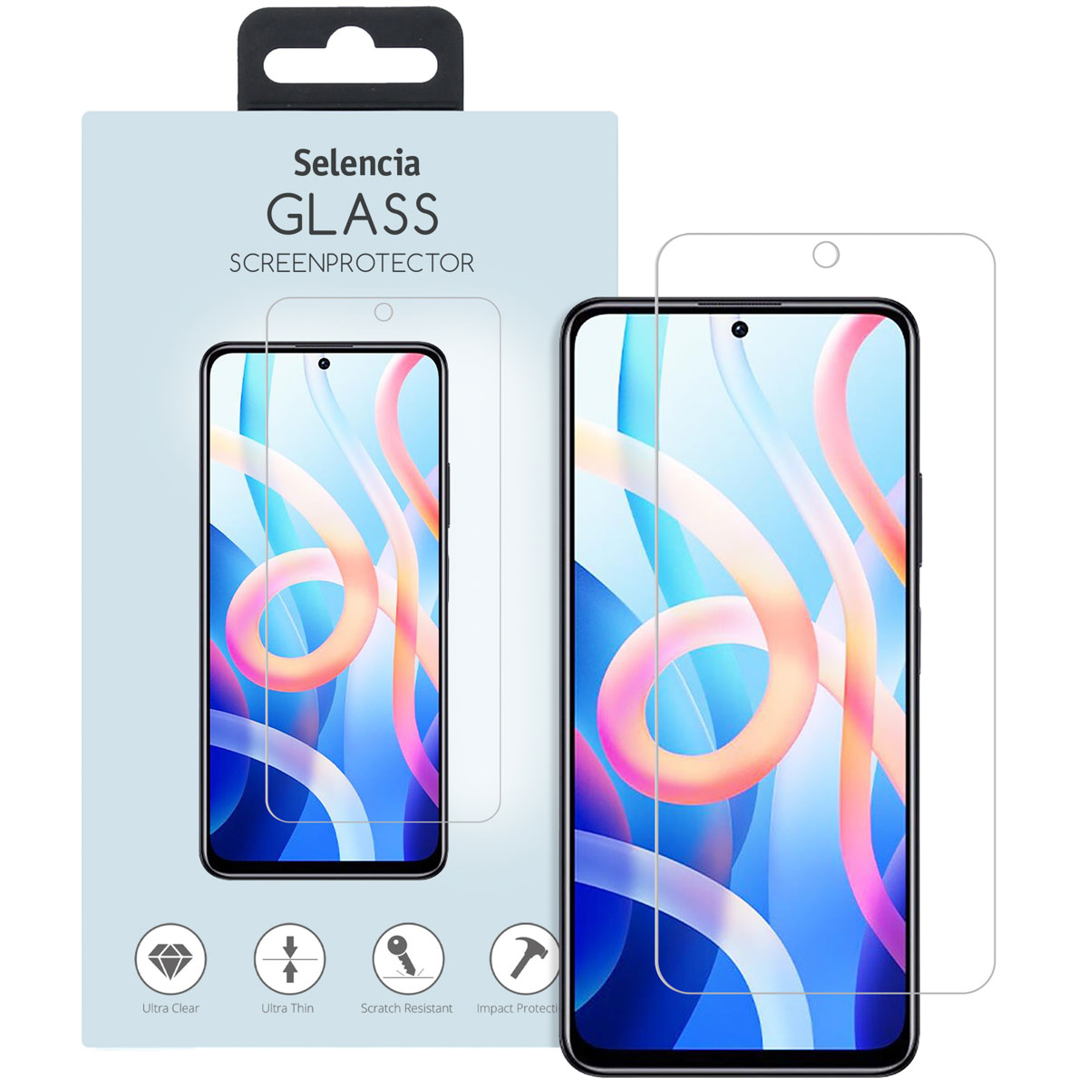 Transparante schermbeschermer en doos. Telefoon rechts. Woorden op doos: Selencia Glass Screenprotector.