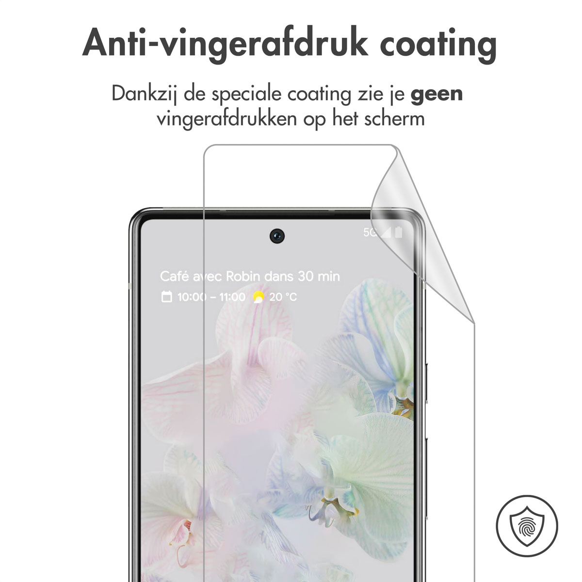 Telefoonscherm met aangebrachte schermbeschermer. Tekst: Anti-vingerafdruk coating.