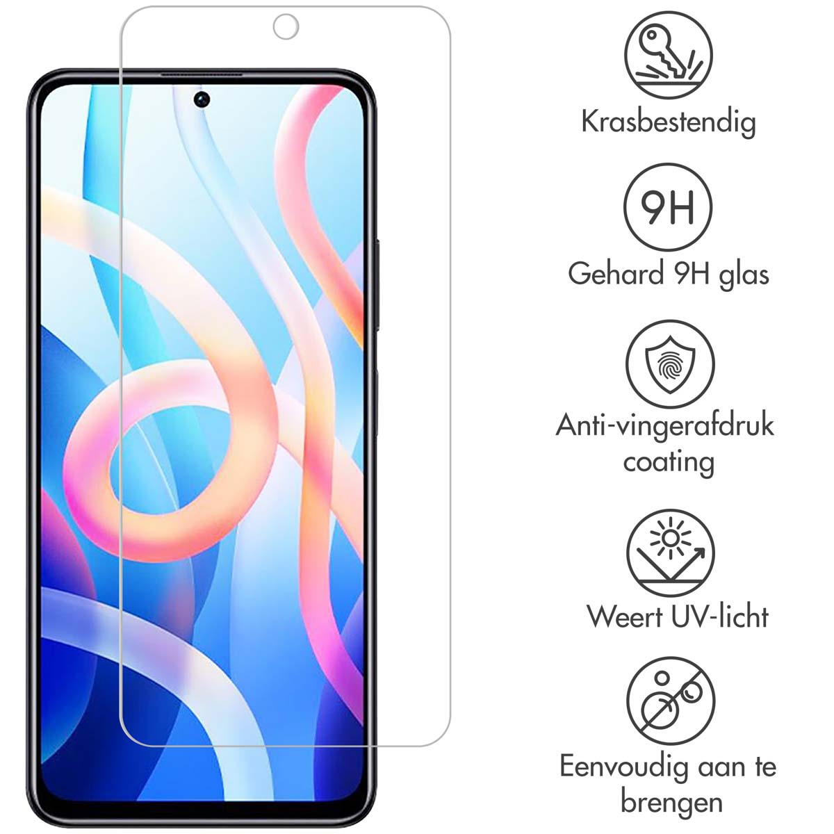 Een doorzichtige schermbeschermer op een telefoon. De telefoon toont een kleurrijke abstracte achtergrond. Verschillende iconen zijn zichtbaar.