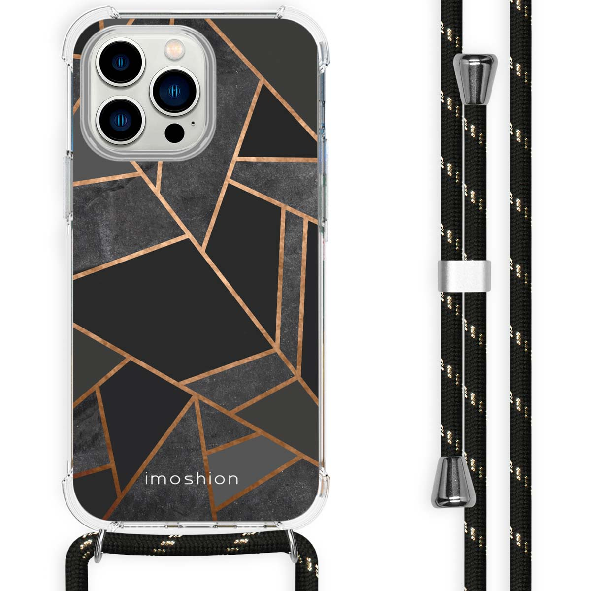 Telefoonhoes met geometrisch patroon en riem. Zwart en grijs met koperlijnen, telefoon.