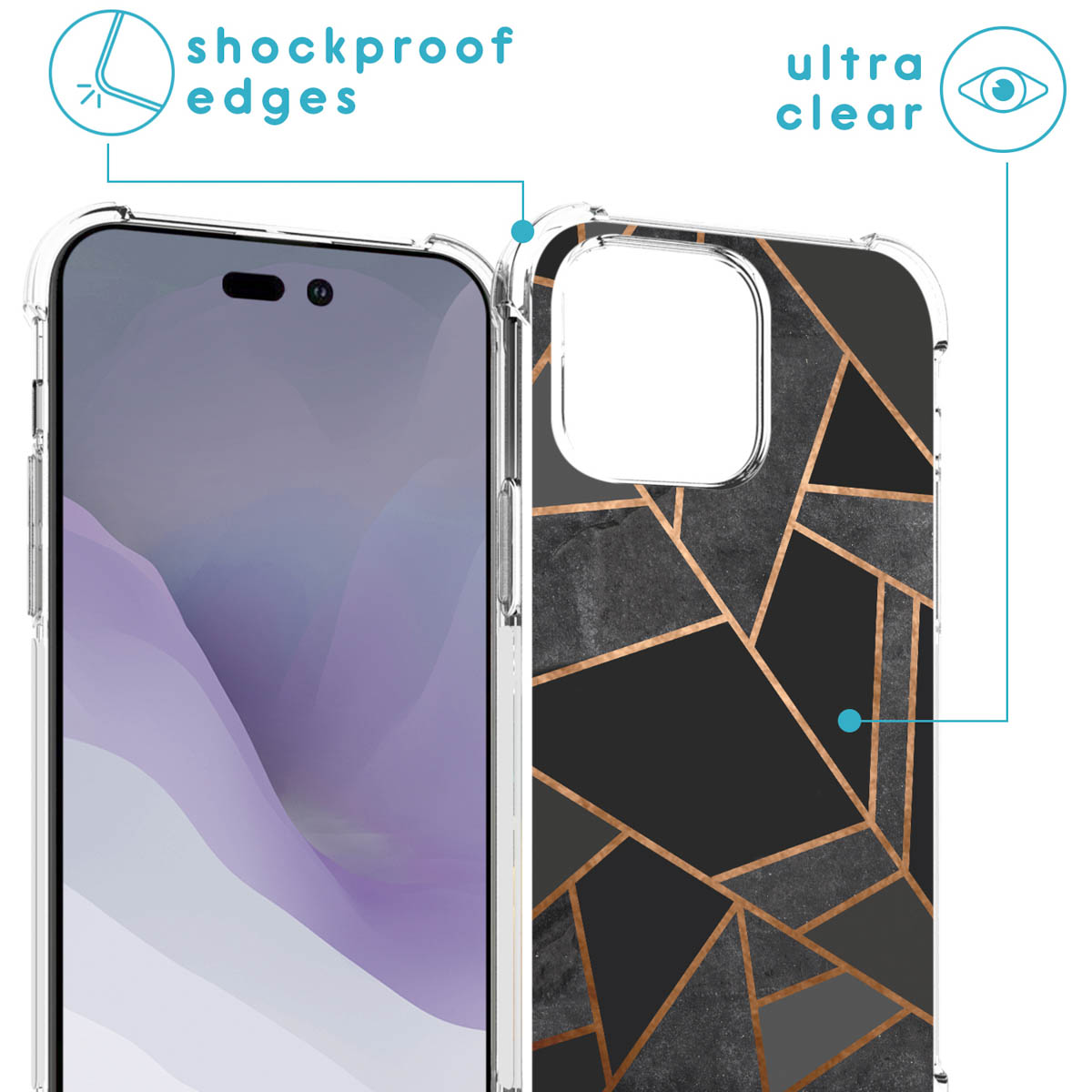 Transparante telefoonhoes met geometrisch patroon. Schokbestendige randen. Telefoon met camera.