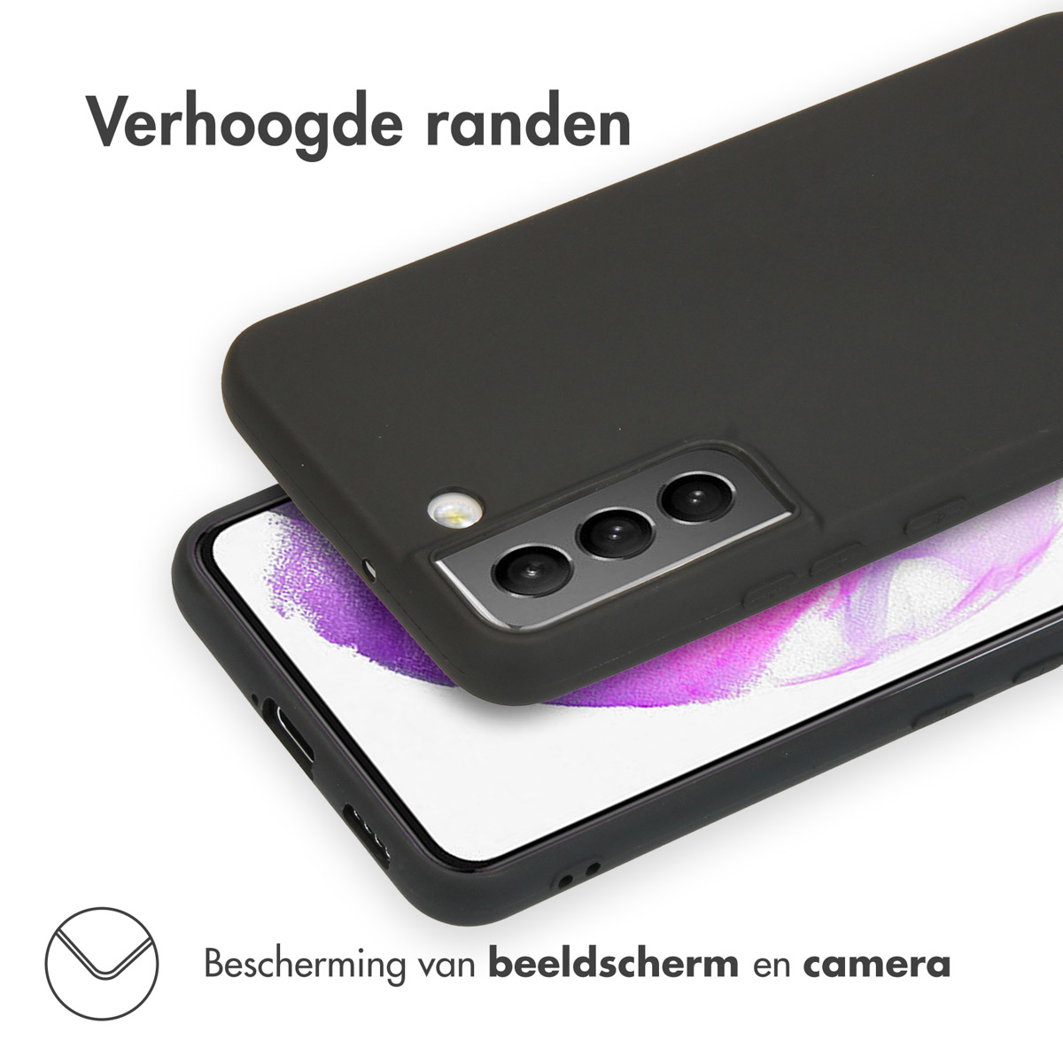 Zwarte telefoonhoes met verhoogde randen. De telefoon heeft drie camera's. De hoes bedekt de telefoon.