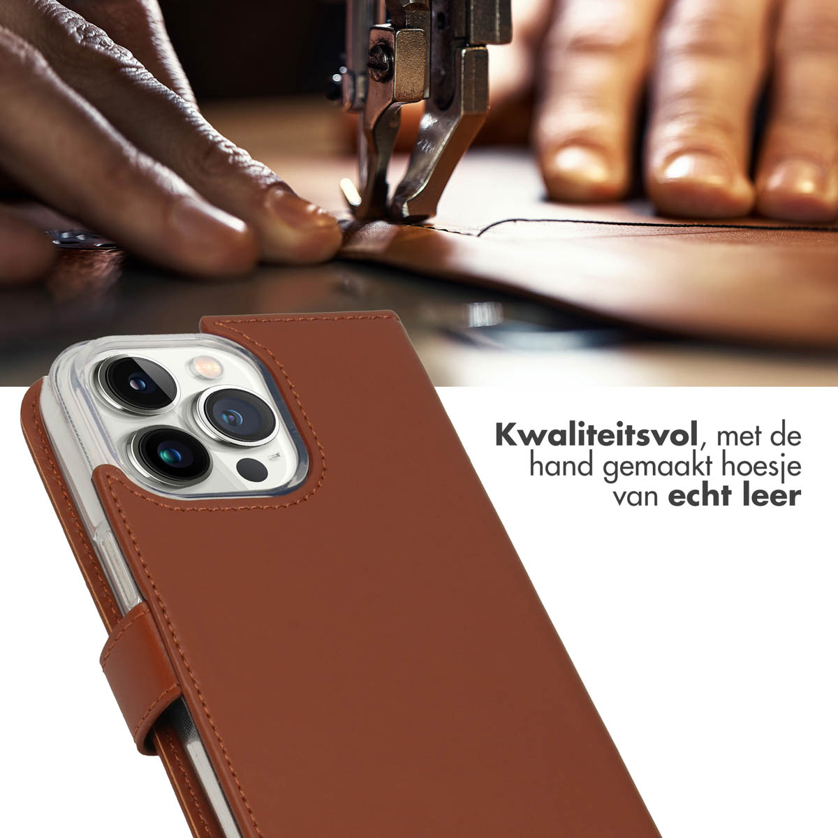 Een bruine leren telefoonhoes wordt genaaid. Op de achtergrond is een persoon aan het naaien.