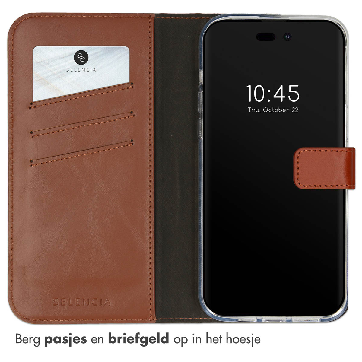 Étui de téléphone marron ouvert, révélant un téléphone avec écran noir et carte dans une fente. L'étui est en cuir.