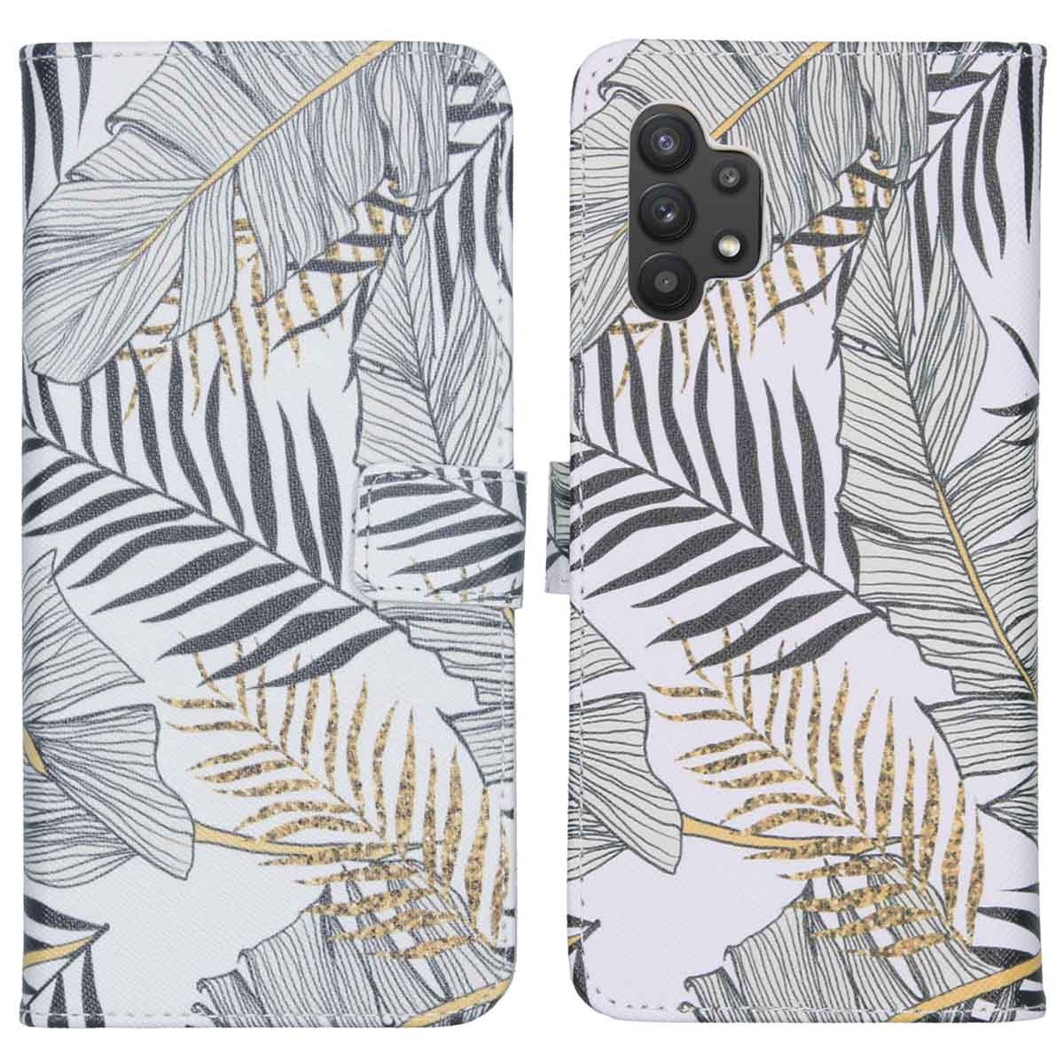 Telefoonhoesje met een wit bloemmotief. De hoes heeft meerdere bladeren in het ontwerp. De telefoon zit erin.