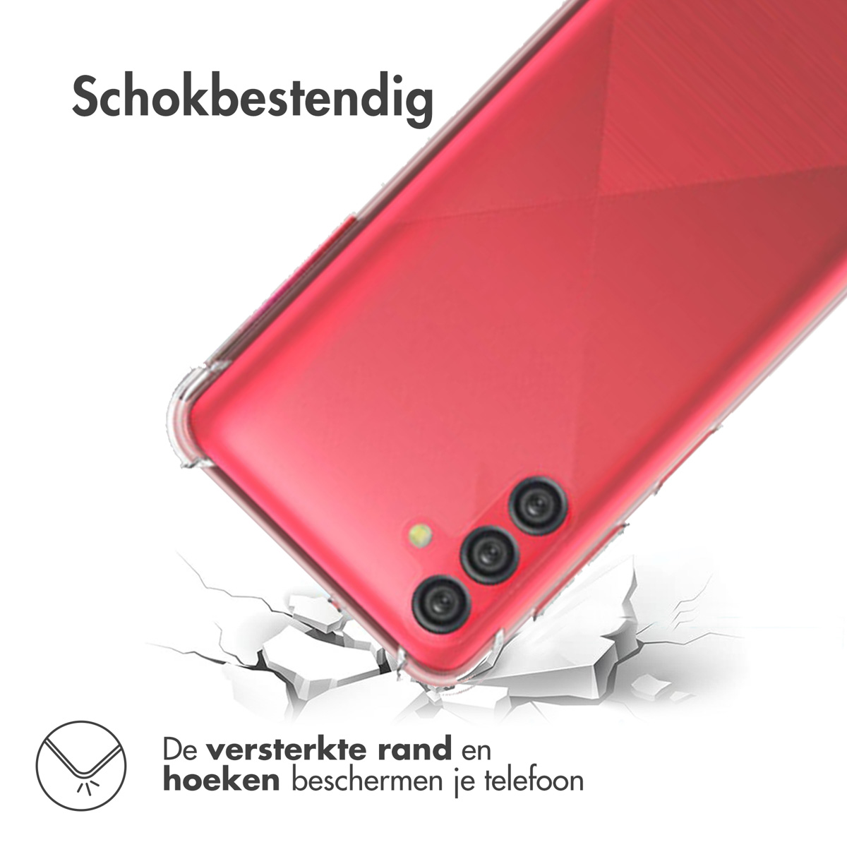 Rode telefoonhoes op wit. De versterkte randen beschermen de telefoon.