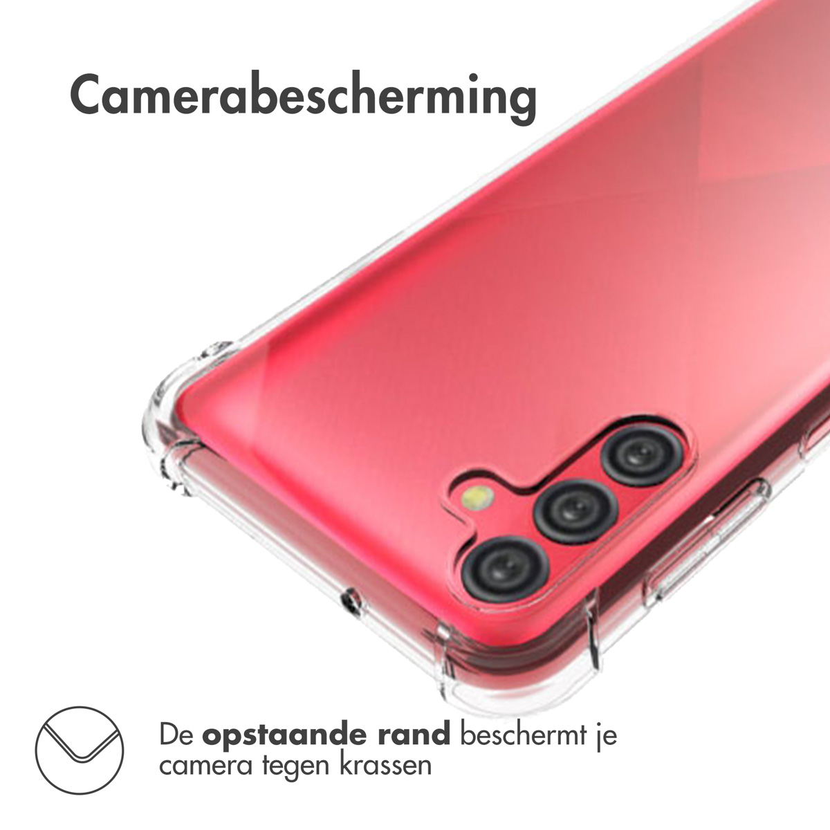 Rode telefoonhoes. Een close-up van de hoes met een telefoon toont camerabescherming.