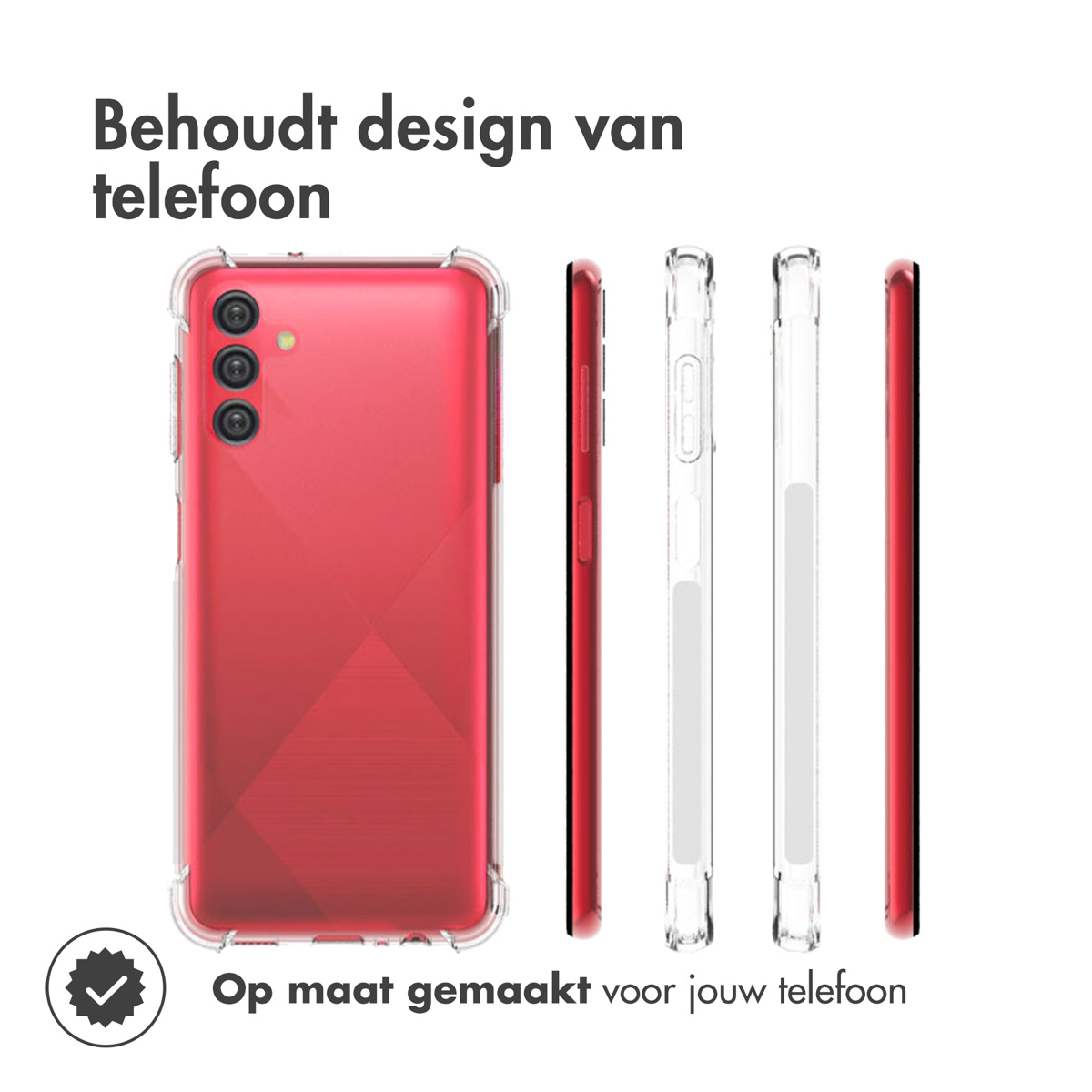 Rode telefoon met een doorzichtige case eromheen, die de zijkanten en achterkant laat zien.