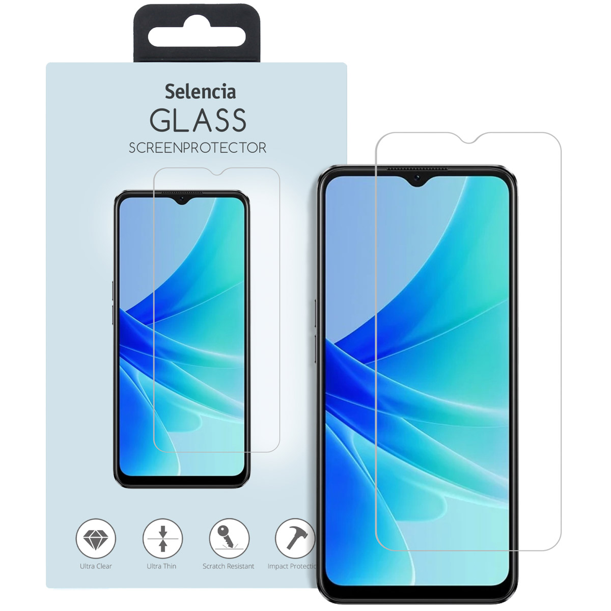 Schermbeschermerdoos met twee telefoons en schermbeschermer. Afbeeldingen tonen beschermer op telefoons.