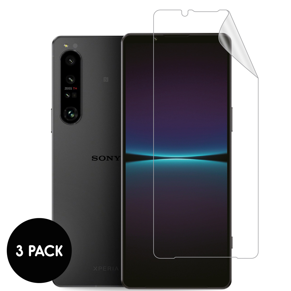 Drie telefoon screenprotectors, met een telefoon links en de screenprotector rechts.