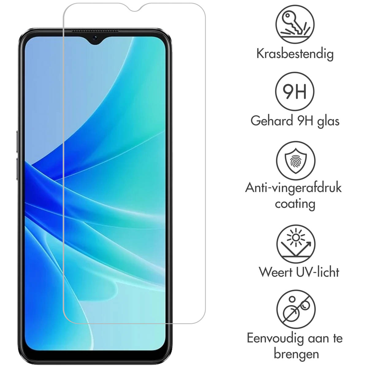 Schermbeschermer op een telefoon. De beschermer is transparant en bedekt het scherm. Pictogrammen met beschrijving ernaast.