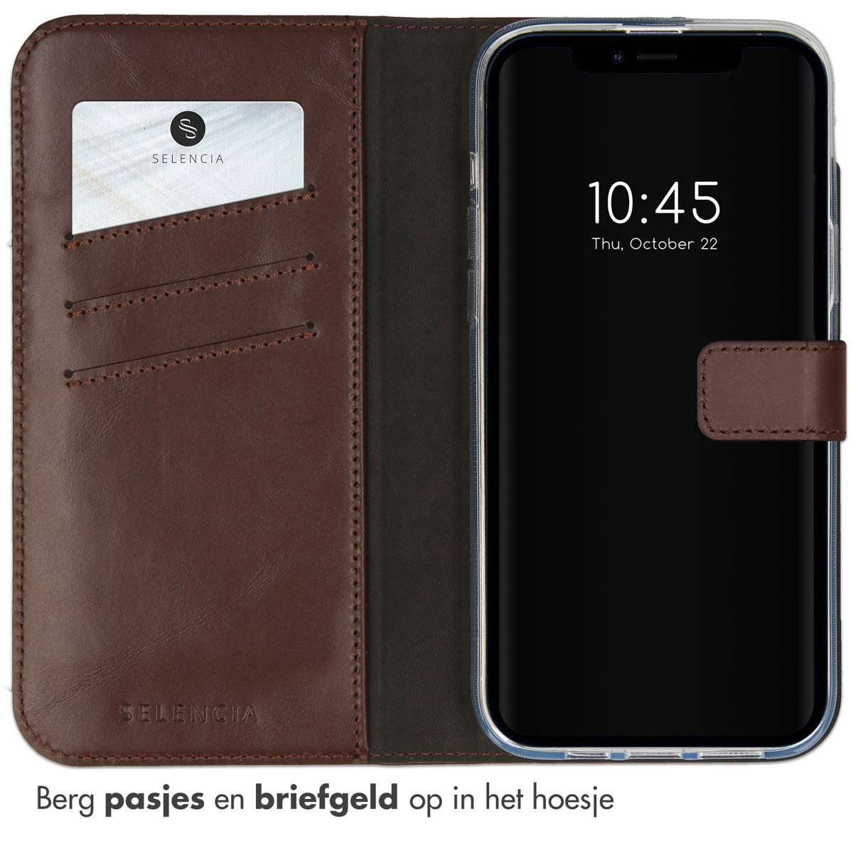 Bruine telefoonhoes met telefoon en kaartsleuven. Tekst: 'Bewaar pasjes en briefgeld in de hoes'.