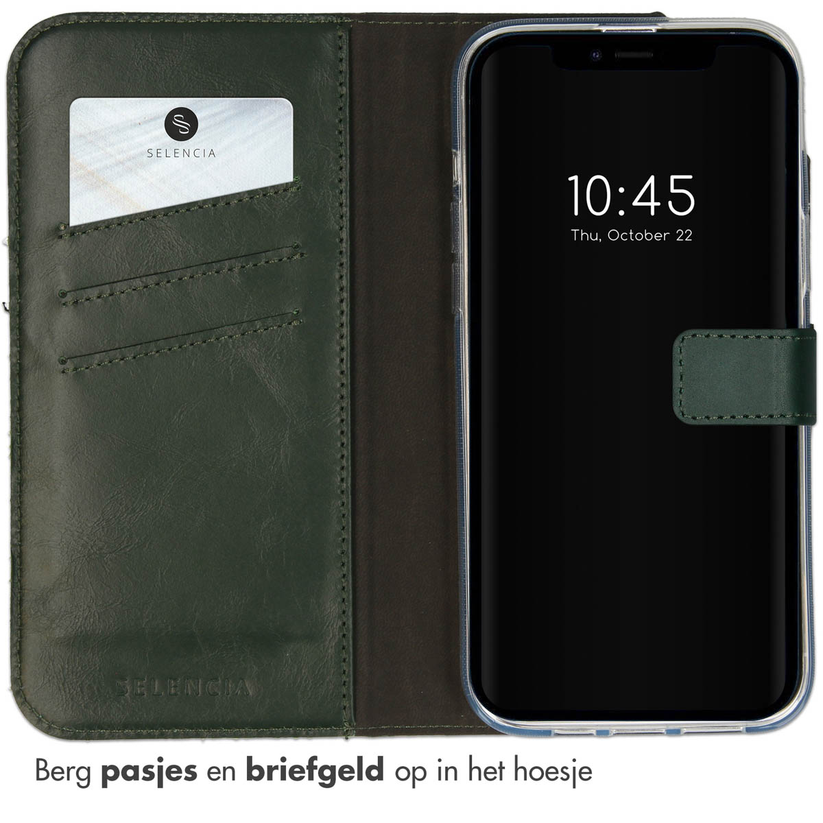 Groene telefoonhoes met een telefoon erin. De hoes heeft kaartsleuven en een Selencia-kaart. 10:45 op het scherm.