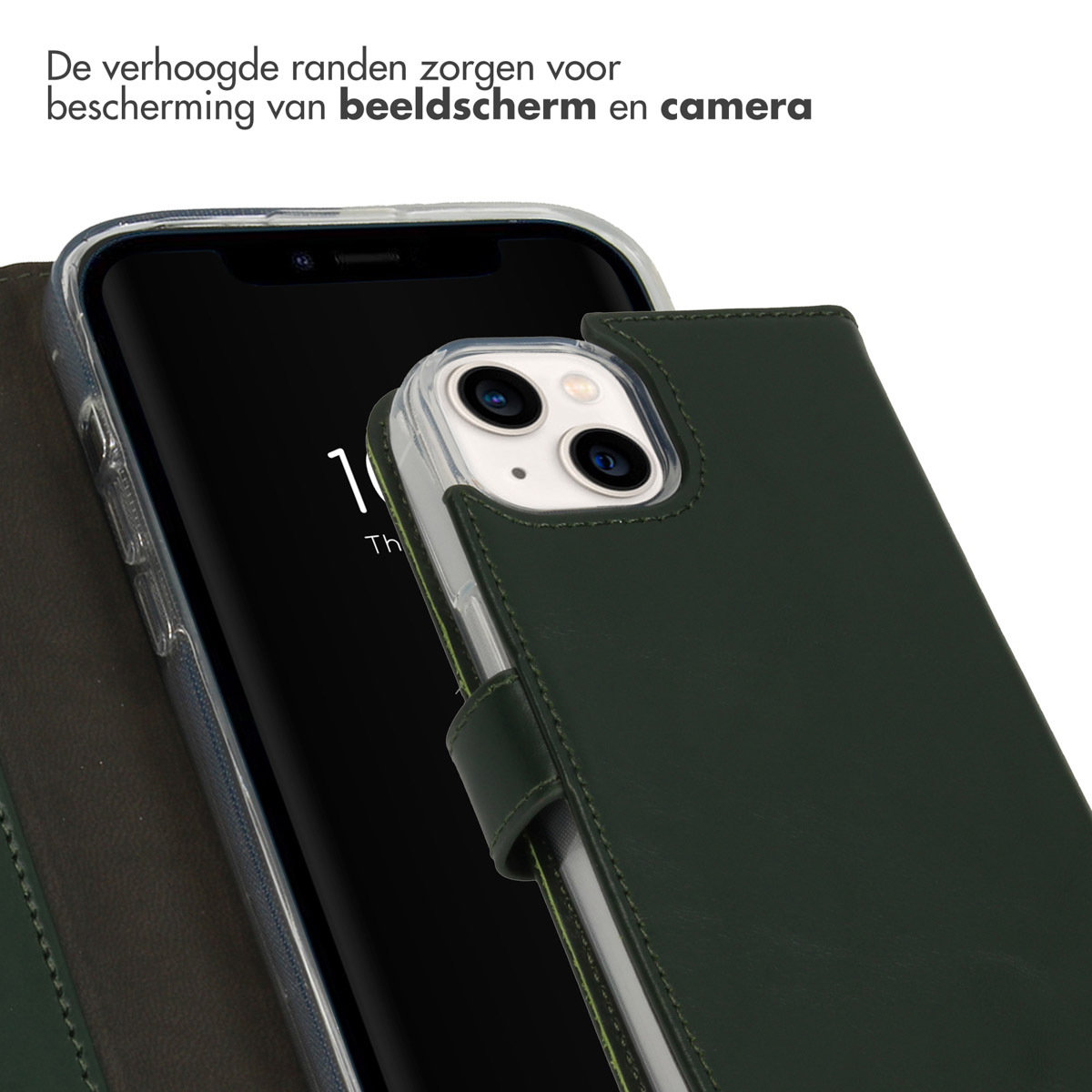 Een close-up van een donkergroene telefoonhoes die een telefoon met zwart scherm beschermt. De camera heeft een doorzichtige beschermer.