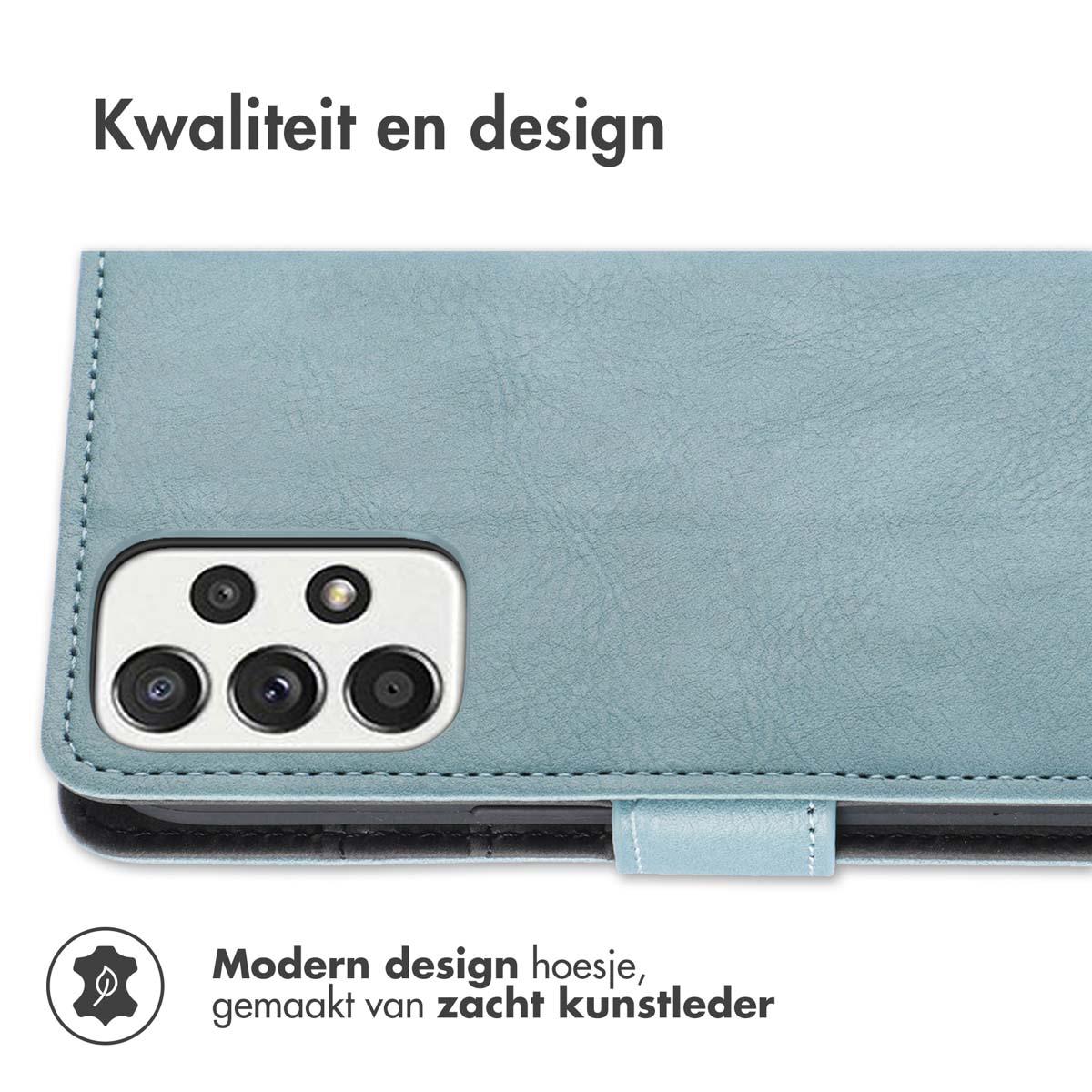 Es wird eine hellblaue Handyhülle gezeigt. Es ist ein modernes Design aus weichem Kunstleder.