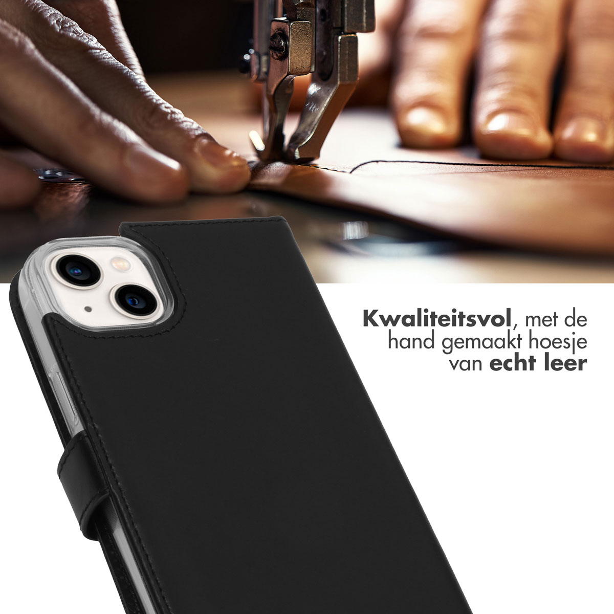 Zwart leren telefoonhoes met een telefoon en een naaimachine op de achtergrond.