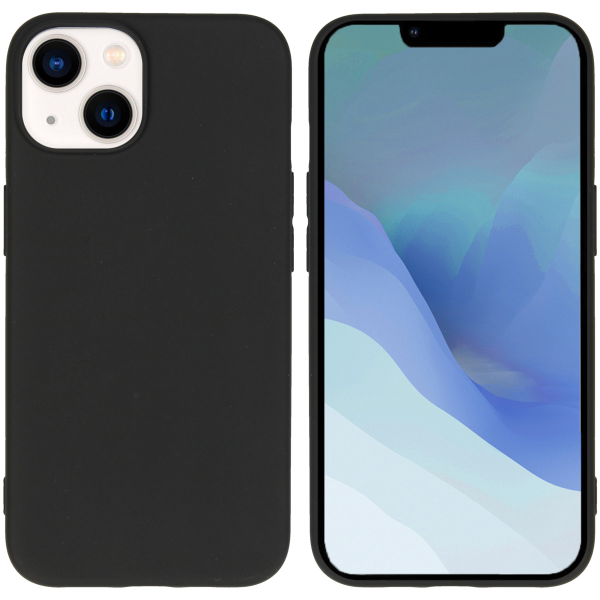 Twee telefoons worden getoond, een met een zwarte hoes, de andere zonder. Beide zijn zwart.