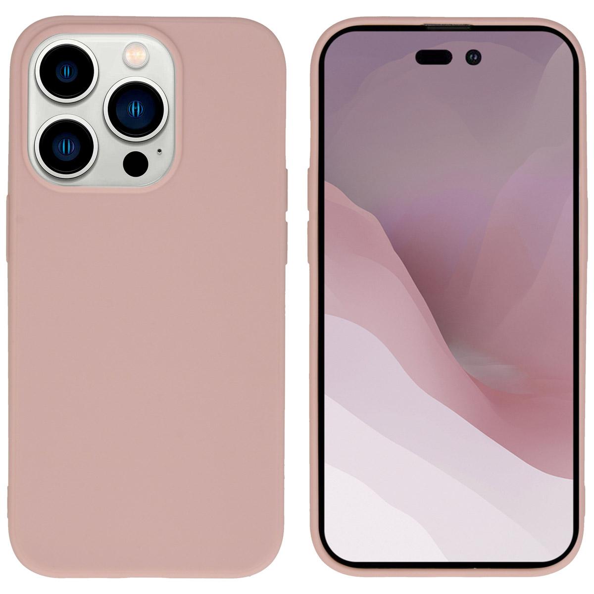 Un téléphone et un étui roses, côte à côte, avec l'écran du téléphone visible.