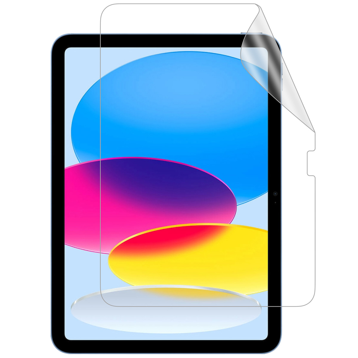 A tablet with a screen protector applied. The protector is peeled back from the top right corner.