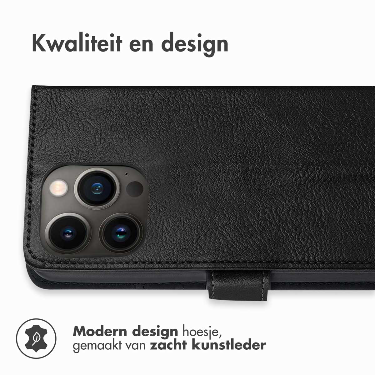 Zwarte telefoonhoes. Tekst: kwaliteit en design. Modern design en zacht kunstleer.