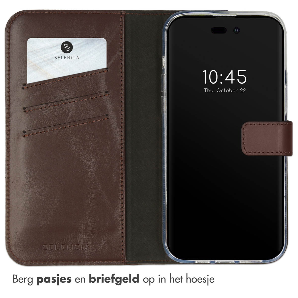 Bruine leren telefoonhoes met een kaart en telefoon. Telefoon toont tijd en datum. Heeft zakken.