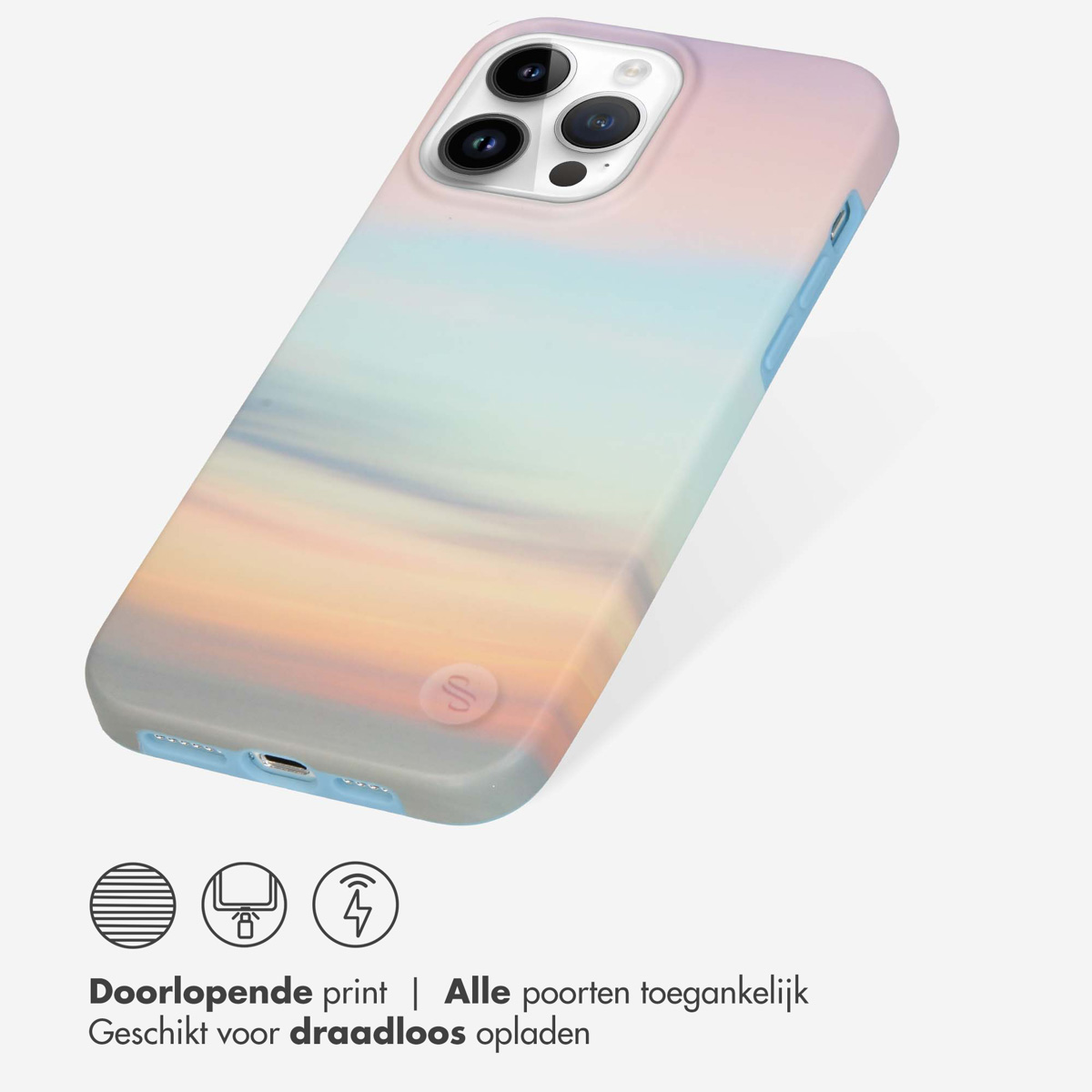 Telefoonhoesje met kleurrijk zonsondergangontwerp. De telefoonhoes heeft een gebogen ontwerp. De basis van de telefoon is zichtbaar.