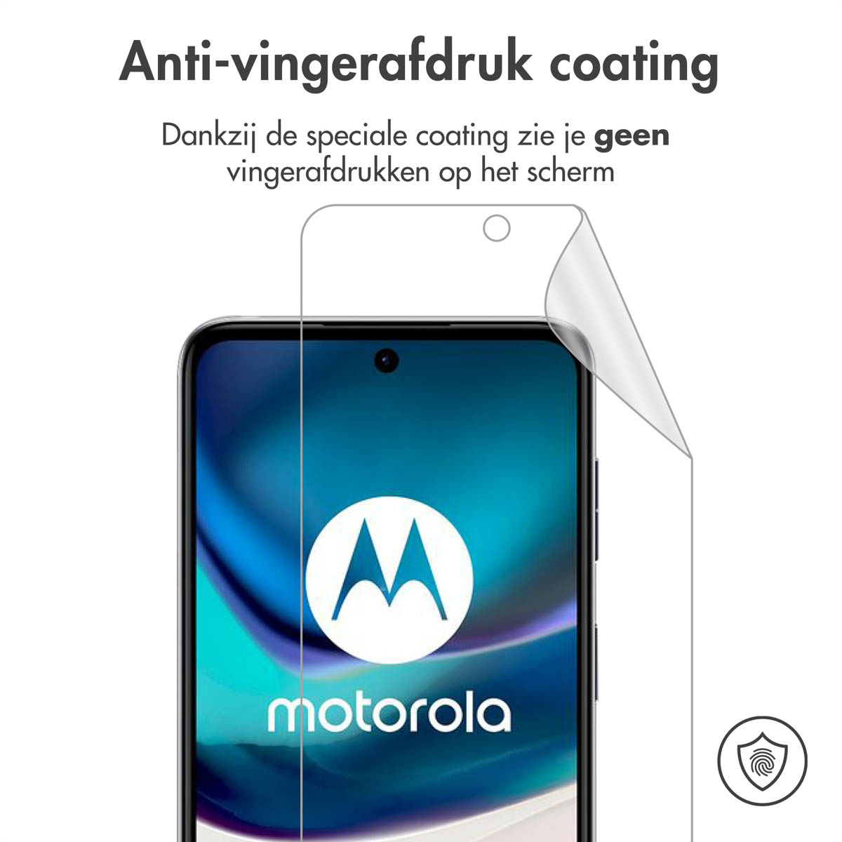 Telefoonschermbeschermer wordt aangebracht. Motorola-logo zichtbaar. Tekst: Anti-vingerafdruk coating.