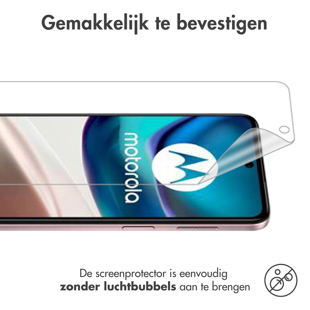 Een Motorola-telefoon met een schermbeschermer. Tekst vermeldt dat de beschermer gemakkelijk aan te brengen is zonder bellen.