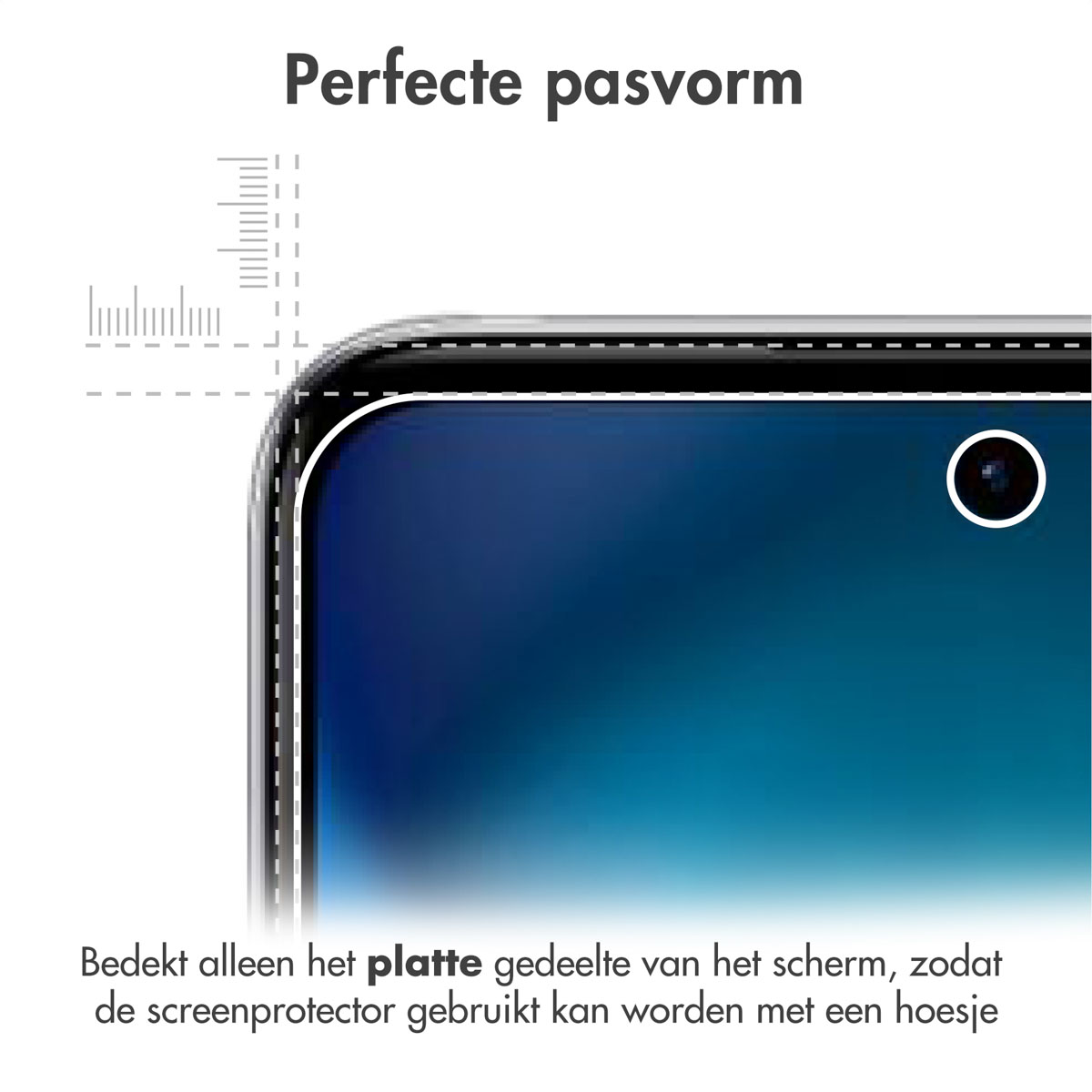 Telefoonschermbeschermer. Toont randpassing en metingen. Tekst in het Nederlands.