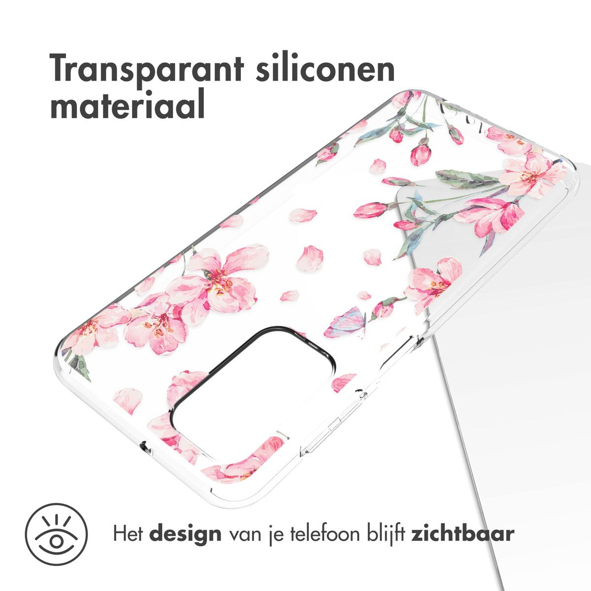 Coque de téléphone transparente avec des fleurs roses. La coque montre le design du téléphone.