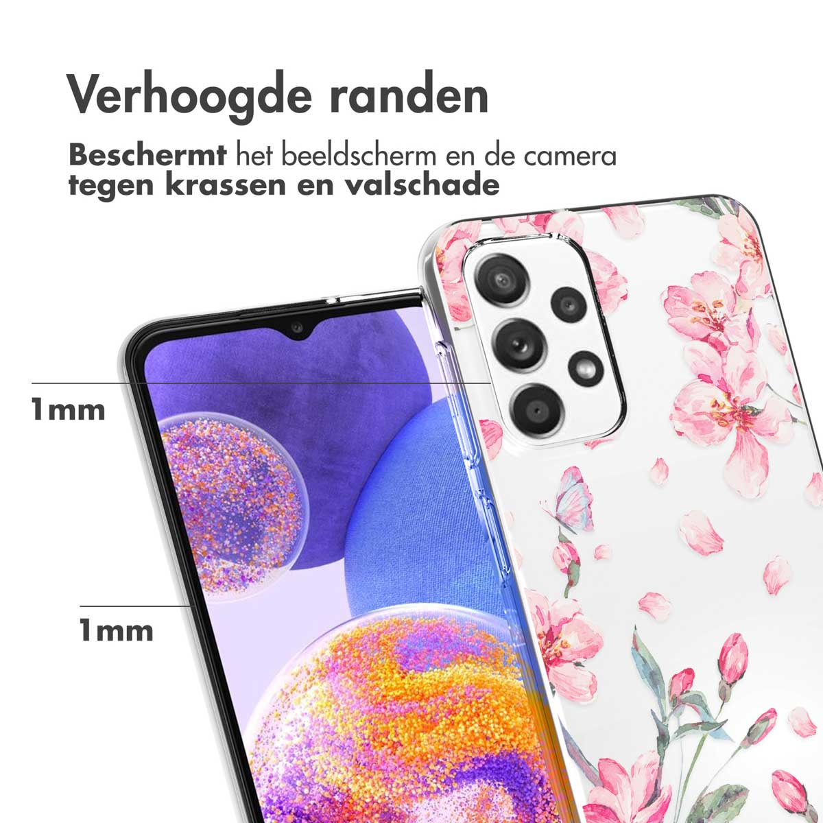 Coque de téléphone avec des fleurs roses et un cadre transparent. Texte : Les bords surélevés protègent l'écran et l'appareil photo.
