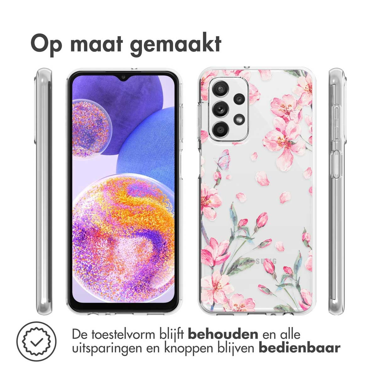 Coque de téléphone avec un téléphone. Fleurs roses sur la coque. Forme du téléphone préservée, boutons utilisables.
