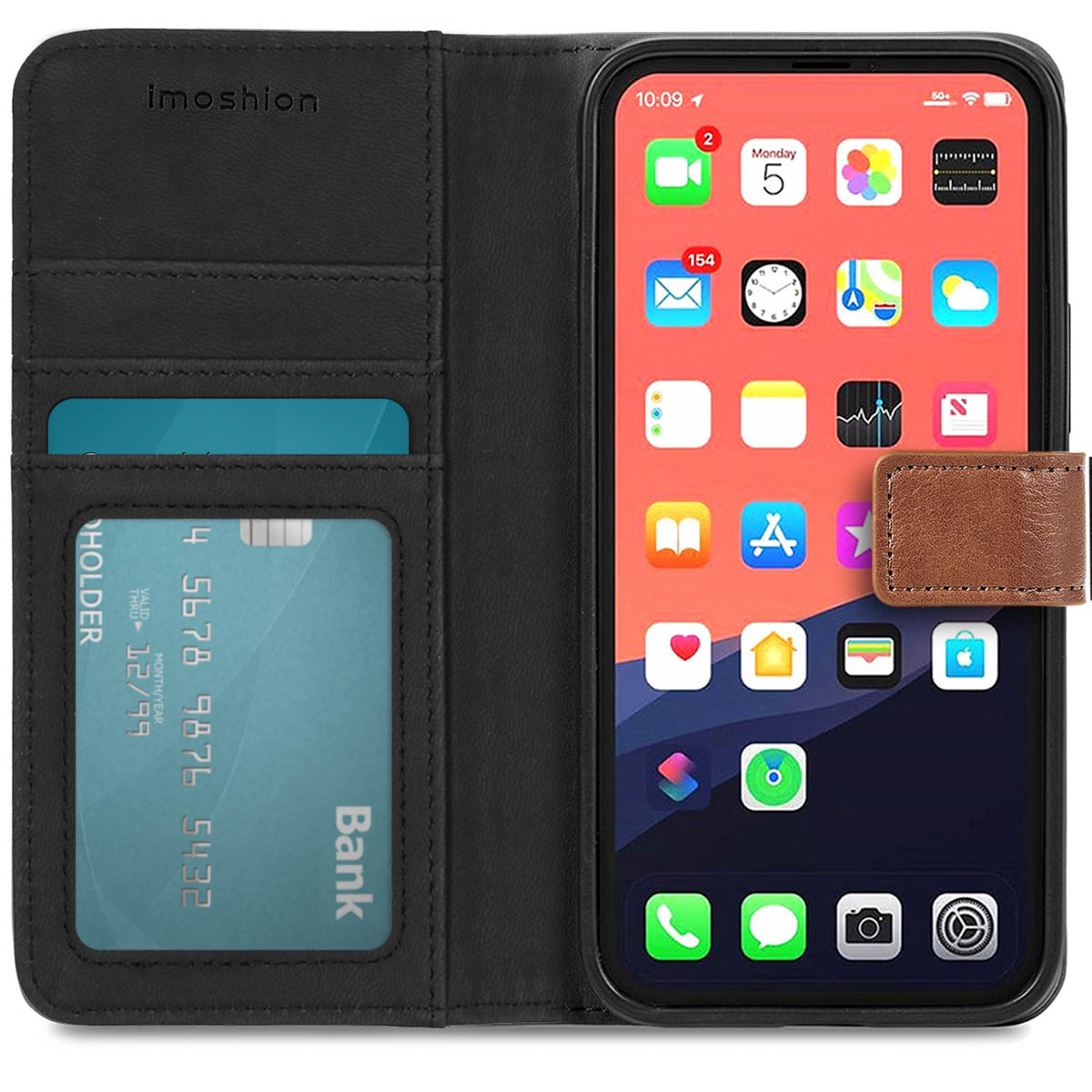 Black leather wallet phone case open. Phone screen shows apps. Credit card and cash visible.